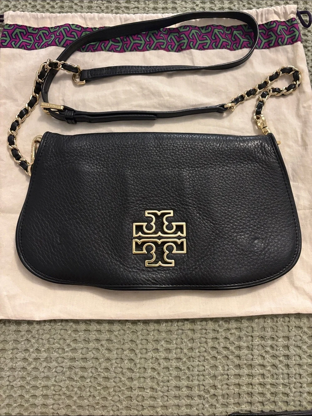 Tory Burch Black Pebbled Leather Shoulder Bag with Gold Logo